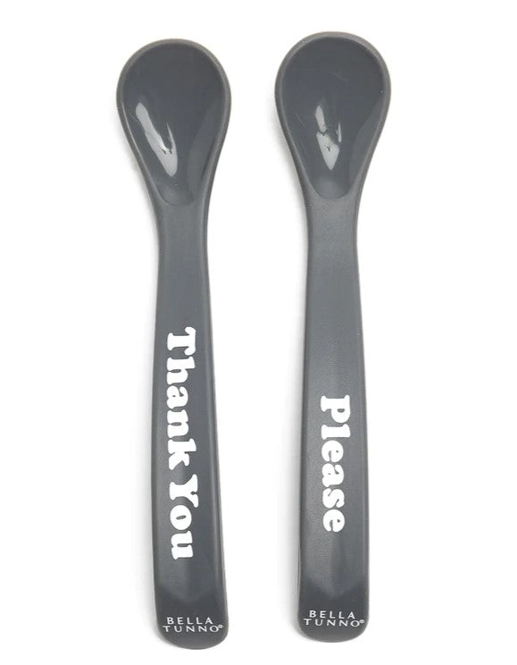 Two silicone teaspoons with a charcoal color, one displayed above the other, each with a 'Please thank you' text on the handle.