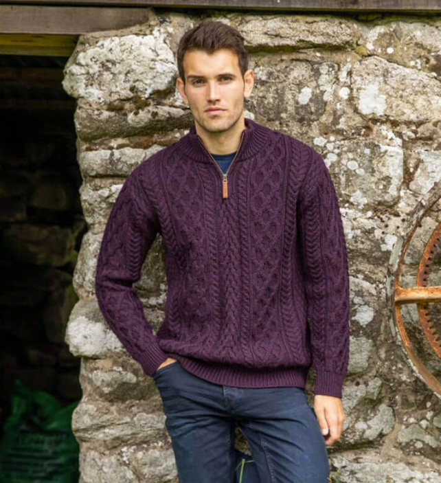 Aran Irish Men's Half Zip Sweater Damson (X4295)