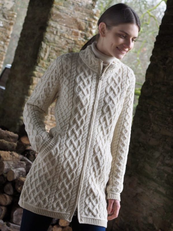 Aran Irish Plated Zippered Coat Sweater Natural (Z4688)
