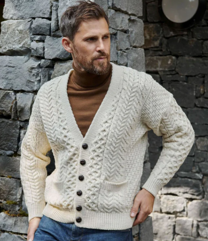 Aran Wool Men's Merino Buttoned Cardigan Sweater Derby Blue (A758 Derb –  Rob McIntosh