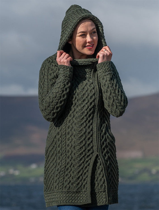 Aran Irish Side Zip Hooded Coat Sweater Army Green(HD4918)