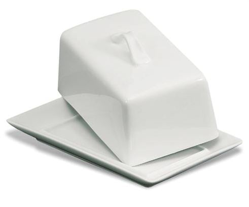 A white porcelain butter dish with a cover, designed to fit 1lb of butter.