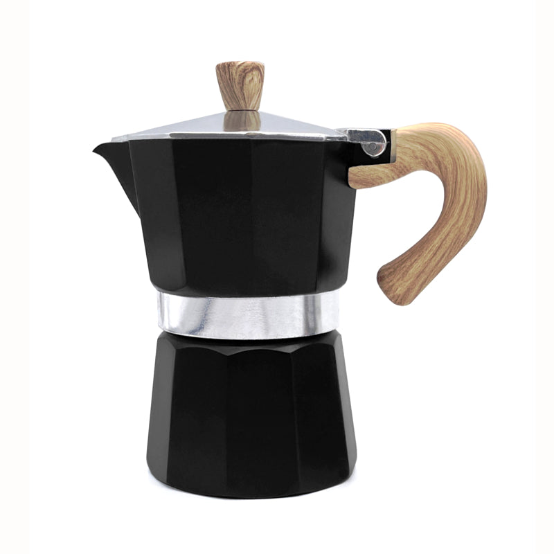 A black stovetop espresso maker with a wood handle and knob.