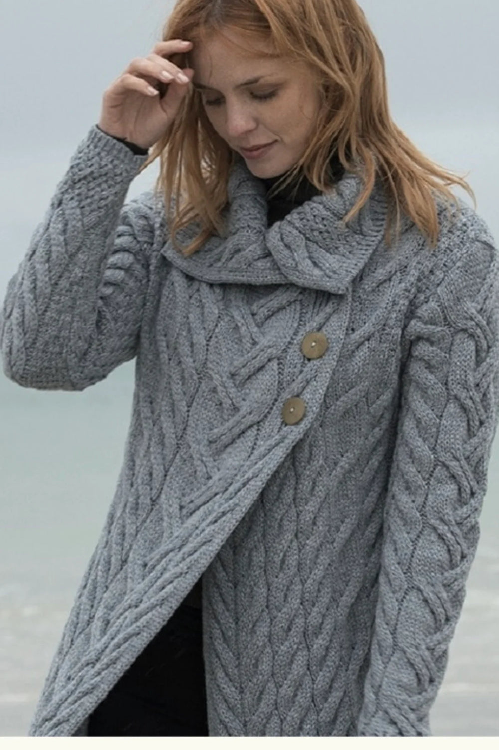 Aran Wool Merino 3 Buttoned Coat Sweater Ocean Grey (B691 385)