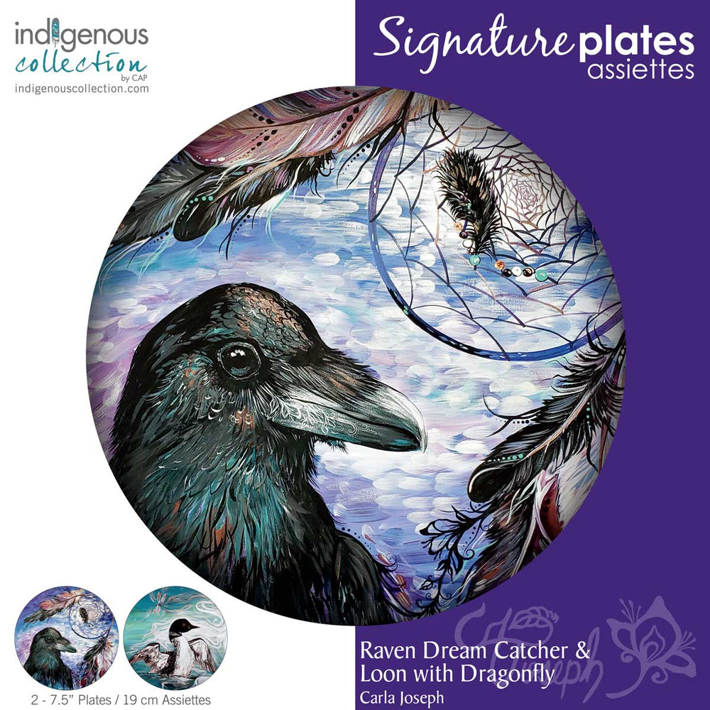 Indigenous Art Plate set of 2 / Raven Dream Catcher & Loon with Dragonfly