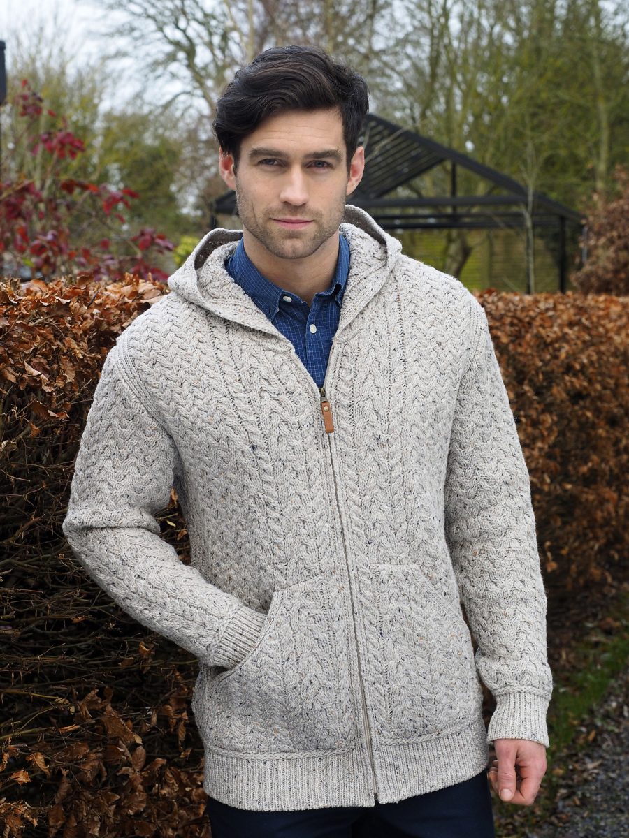 Aran Irish Men's Zippered Sweater with Hood Oatmeal (HD4821)